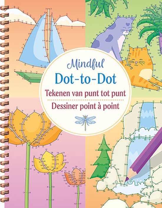Een boek met punt-tot-punt tekeningen: zeilboot, katten, bloemen en een waterval.