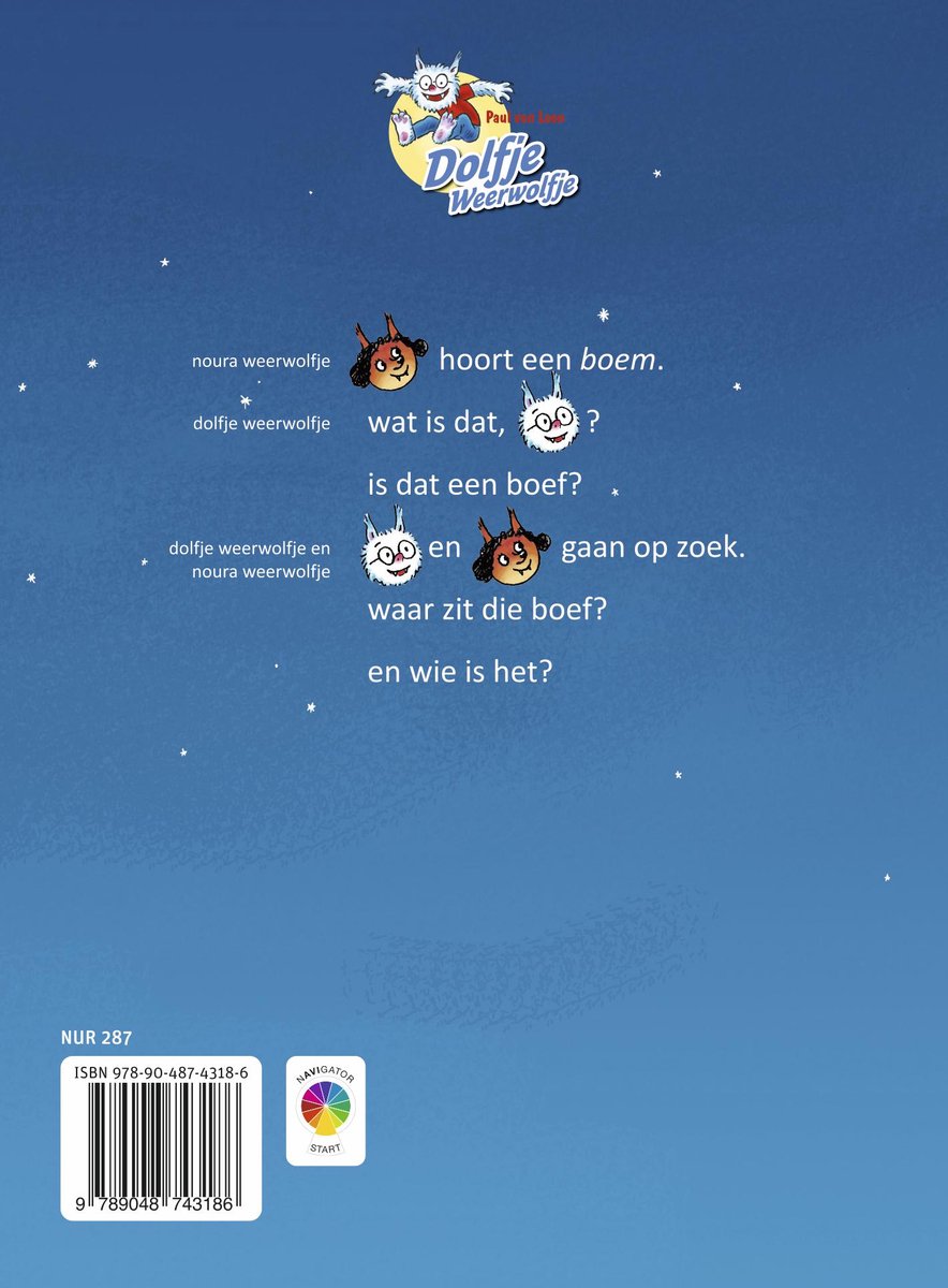 Boekpagina met tekst en illustraties van twee monsters, een blauwe lucht met sterren en een maan.