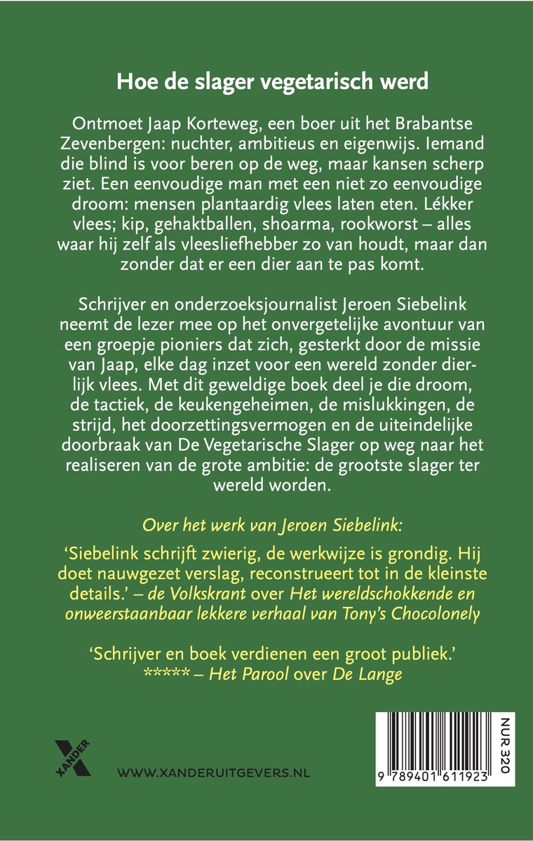 Boekomslag van "De Vegetarische Slager" door Jeroen Siebelink, met oranje en zwarte tekst.