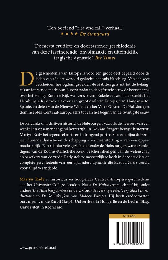 Le dos du livre 'Les Habsbourg' avec des critiques et du texte.