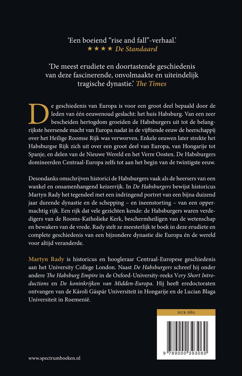 Le dos du livre 'Les Habsbourg' avec des critiques et du texte.