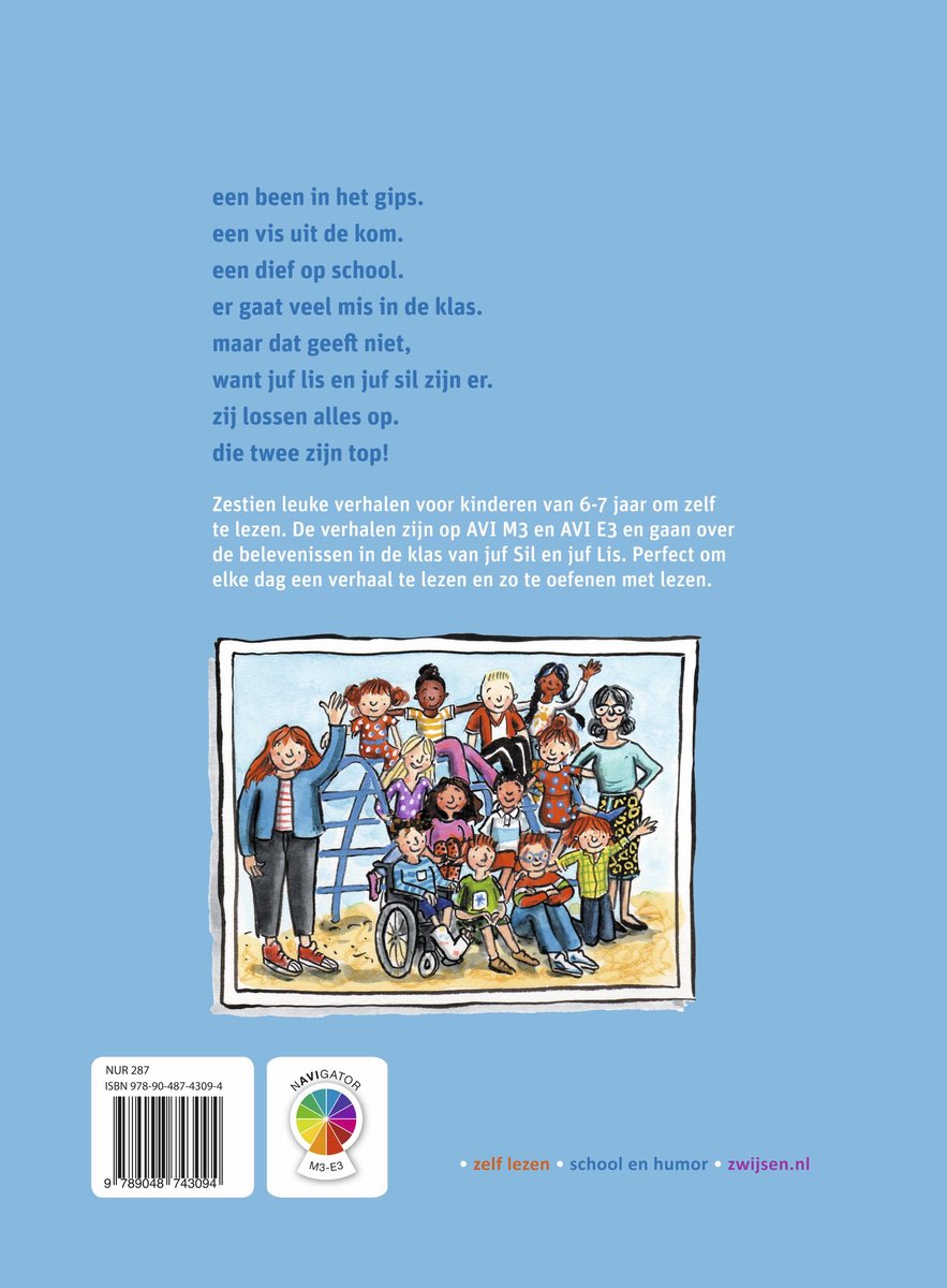 Achterkant van een boek met illustratie van een klas met kinderen, een rolstoel en een lerares. Tekst over verhalen "om zelf te lezen".