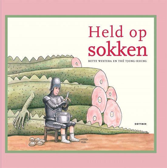 Boekkaft: Ridder in harnas zit op een krukje en snijdt wortels, met een grote groene draak achter hem.