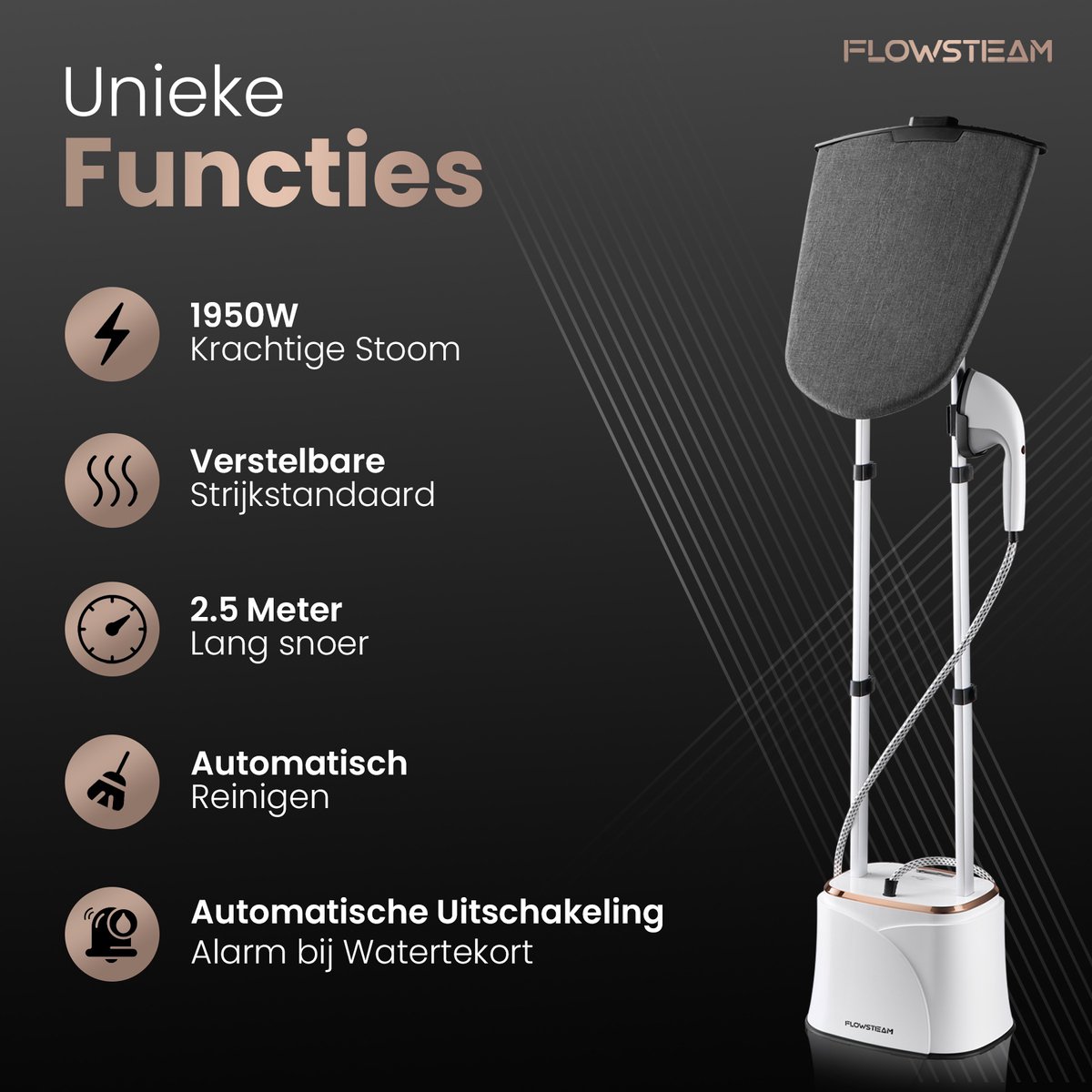 FLOWSTEAM® PRO Kledingstomer - Handstomer - Stoomreiniger - Stoomapparaat Kleding - 150 Minuten Stomen - 2.5M Snoer - Wit — cadeau in Wonen & Interieur - foto 2
