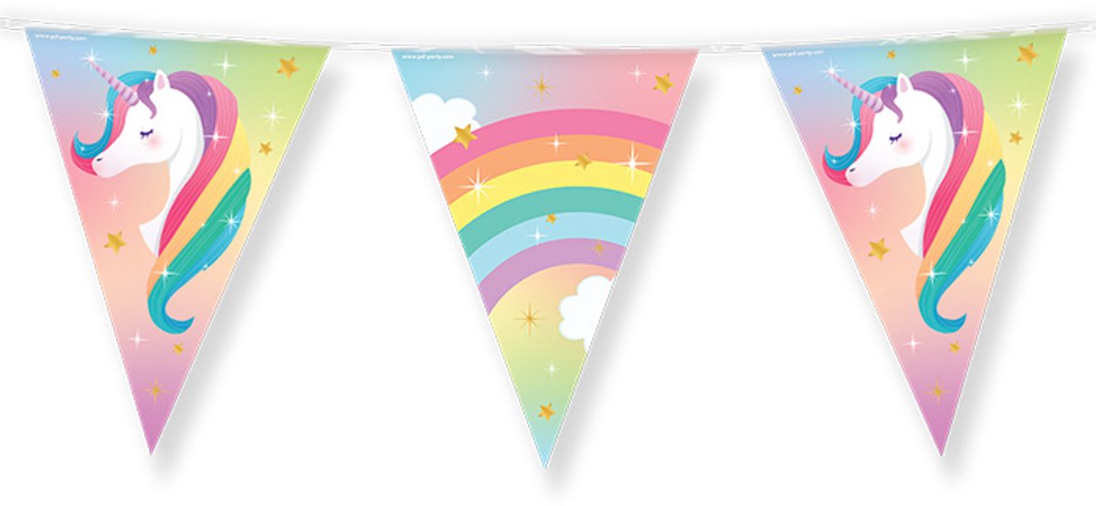 Dubbelzijdige Vlaggenlijn | Set á 3 stuks | Lengte: 10 meter | Thema: Eenhoorn | Kleur: Regenboog