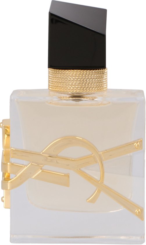 YSL Libre Eau de Parfum damesparfum, gouden YSL logo, gouden kettingdetail, zwarte dop.