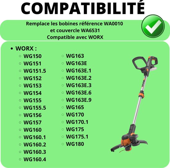 Spoel van draadtrimmer vervangingsdraad WA0010 geschikt voor Wrox bosmaaier WG150 WG155 WG160 WG165 WG170 Ø 1,65 mm lengte 3 m - Set van 8 spoelen + 2 hoes van WORX — afbeelding 2