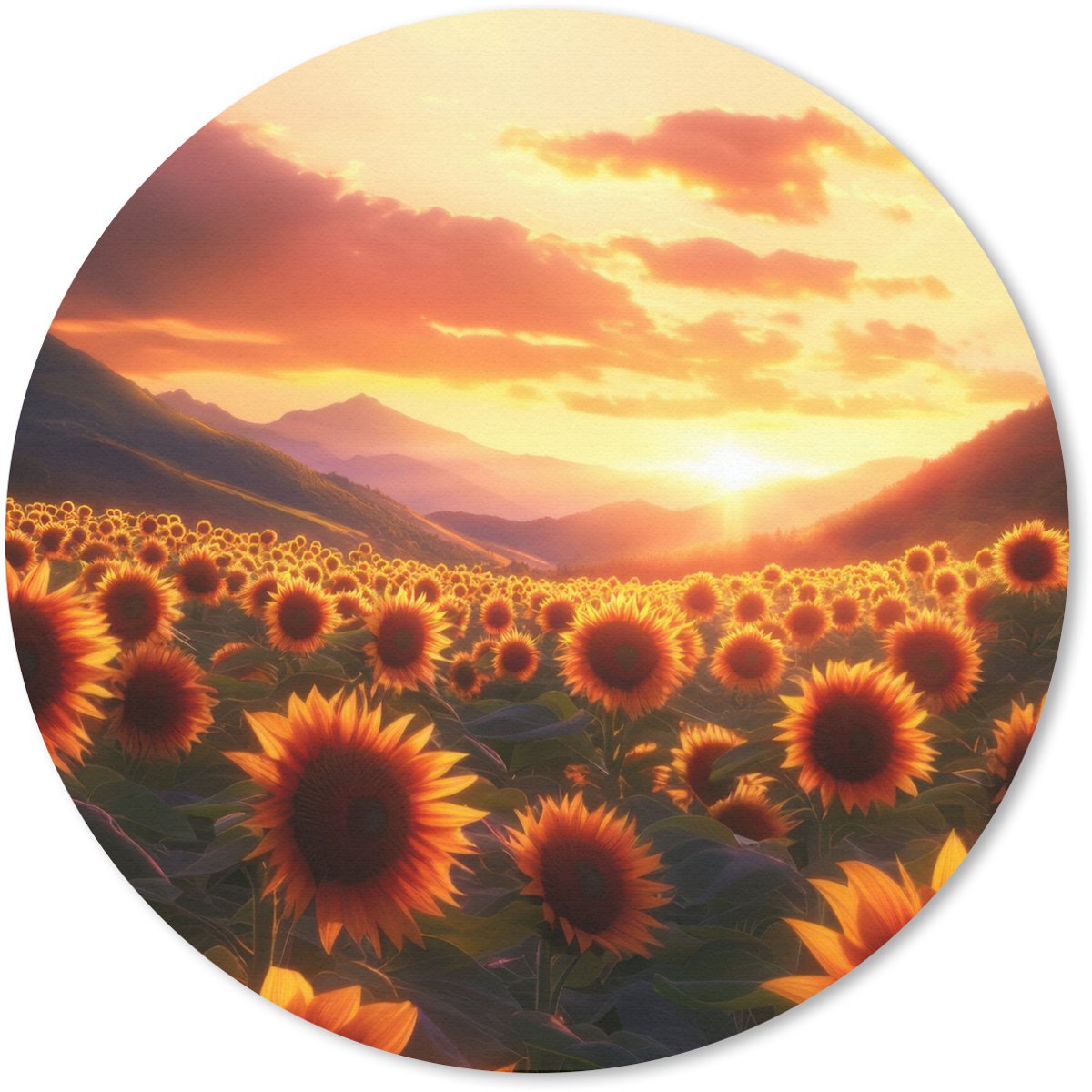 Muismat rond 40x40 cm - Mousepad Zonnebloemen - Zonsondergang - Landschap - Ronde muismatten