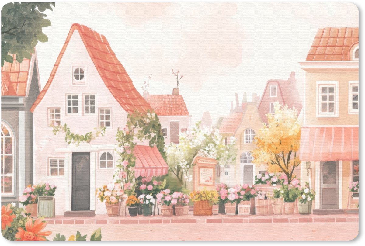 Muismat 27x18 cm - Mousepad Bloemen - Huizen - Dorp - Muismatten
