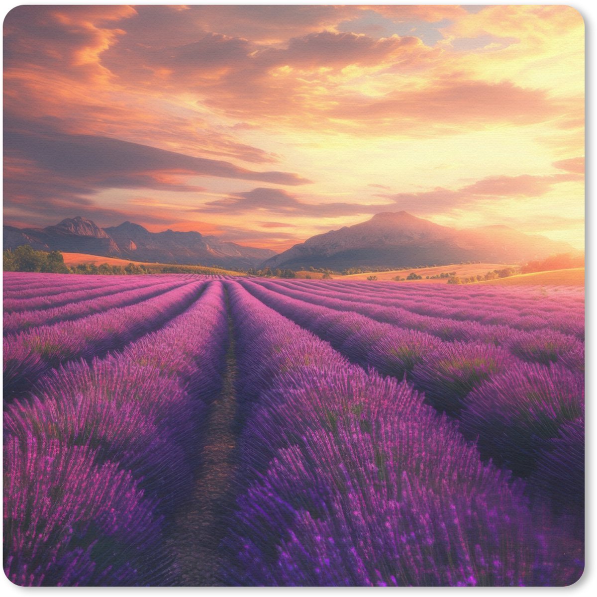 Muismat 20x20 cm - Mousepad Lavendelveld - Zonsondergang - Paars - Muismatten