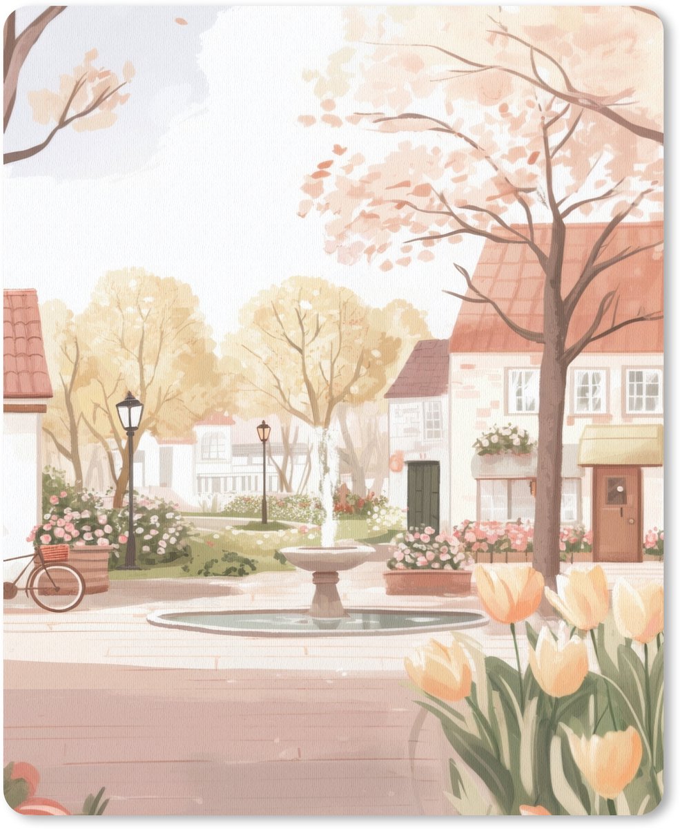 Muismat 19x23 cm - Mousepad Dorpsplein - Fontein - Tulpen - Muismatten