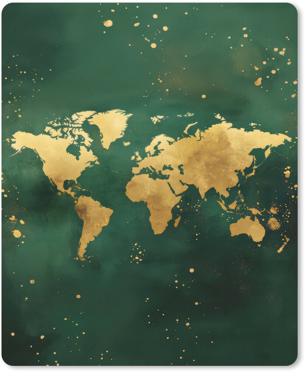 Muismat 19x23 cm - Mousepad Wereldkaart - Groen - Goud - Muismatten