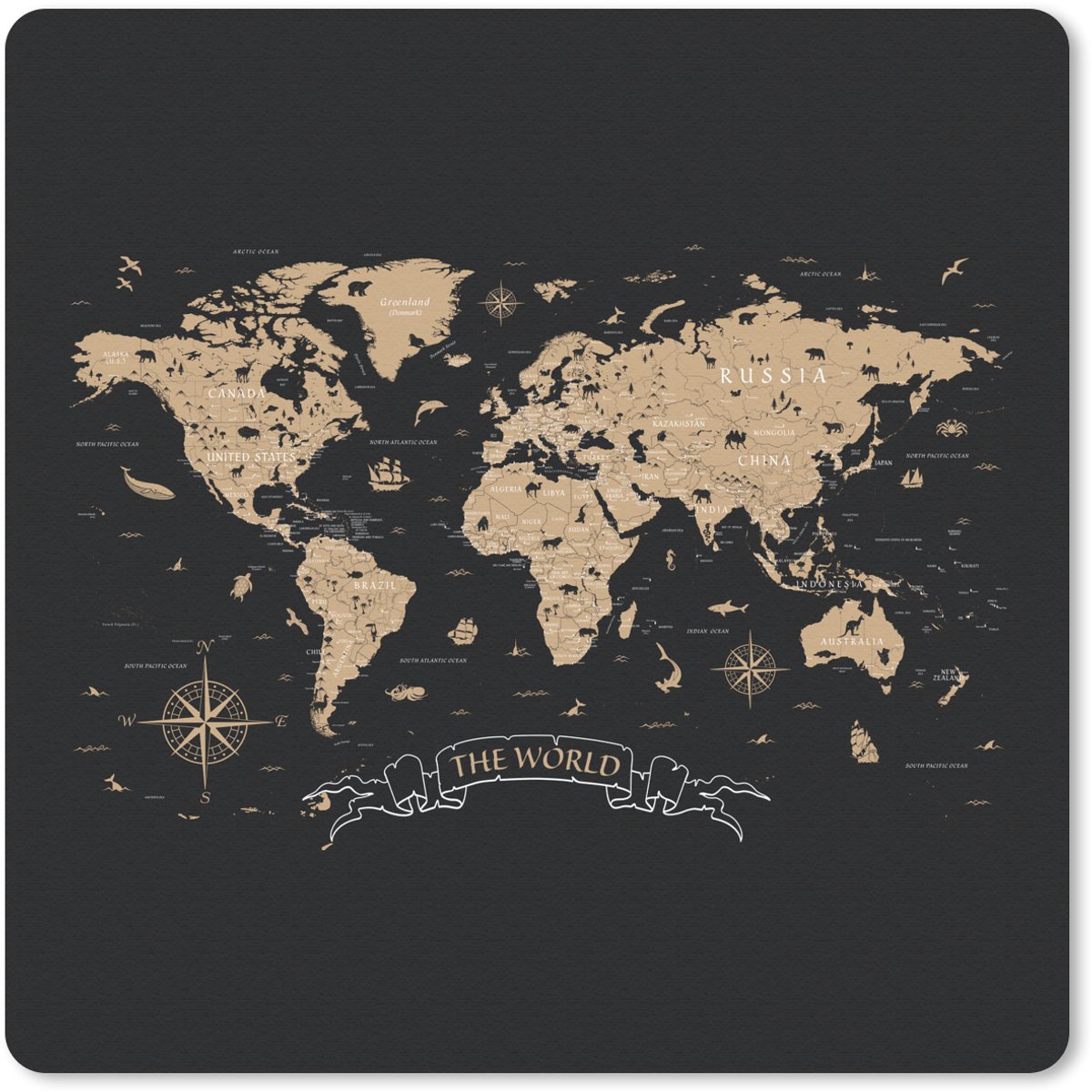 Muismat 20x20 cm - Mousepad Wereldkaart - Beige - Zwart - Muismatten