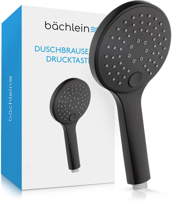 Pommeau de douche universel Bächlein - Pommeau de douche avec 3 types de jets, facile à changer grâce à un bouton poussoir pratique - Pommeau de douche rond noir mat - Douchette à main avec dimensions de raccordement standard G 1/2"