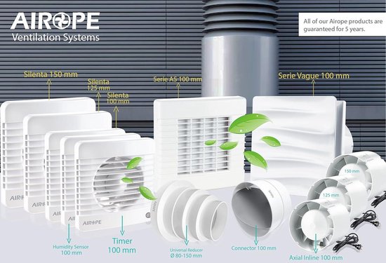 AIROPE - 125 mm ventilator, afvoerventilator met terugslagklep geïntegreerd muggennet, 9,1 W, dB(A) 31, VMC voor badkamer, keuken, kantoor, toilet, stil. AIROPE