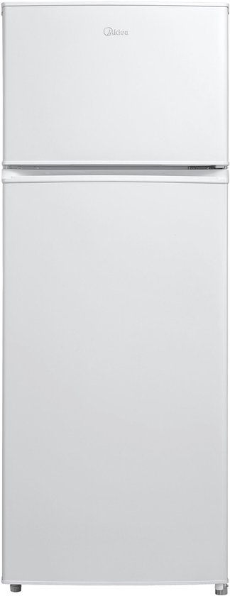 Witte Midea koel-vriescombinatie met gesloten deuren en logo.