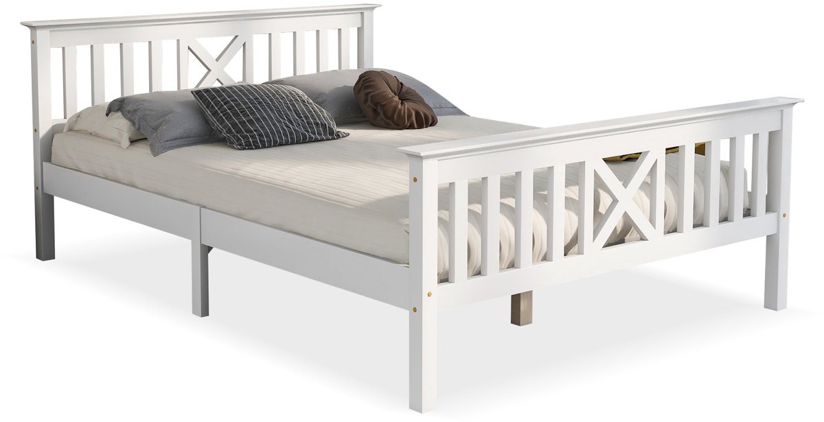 Merax Kinderbed 140x200 cm van Massief Hout met X-vormig Hoofdbord en Voeteneinde - Tweepersoonsbed met Lattenbodem - Wit