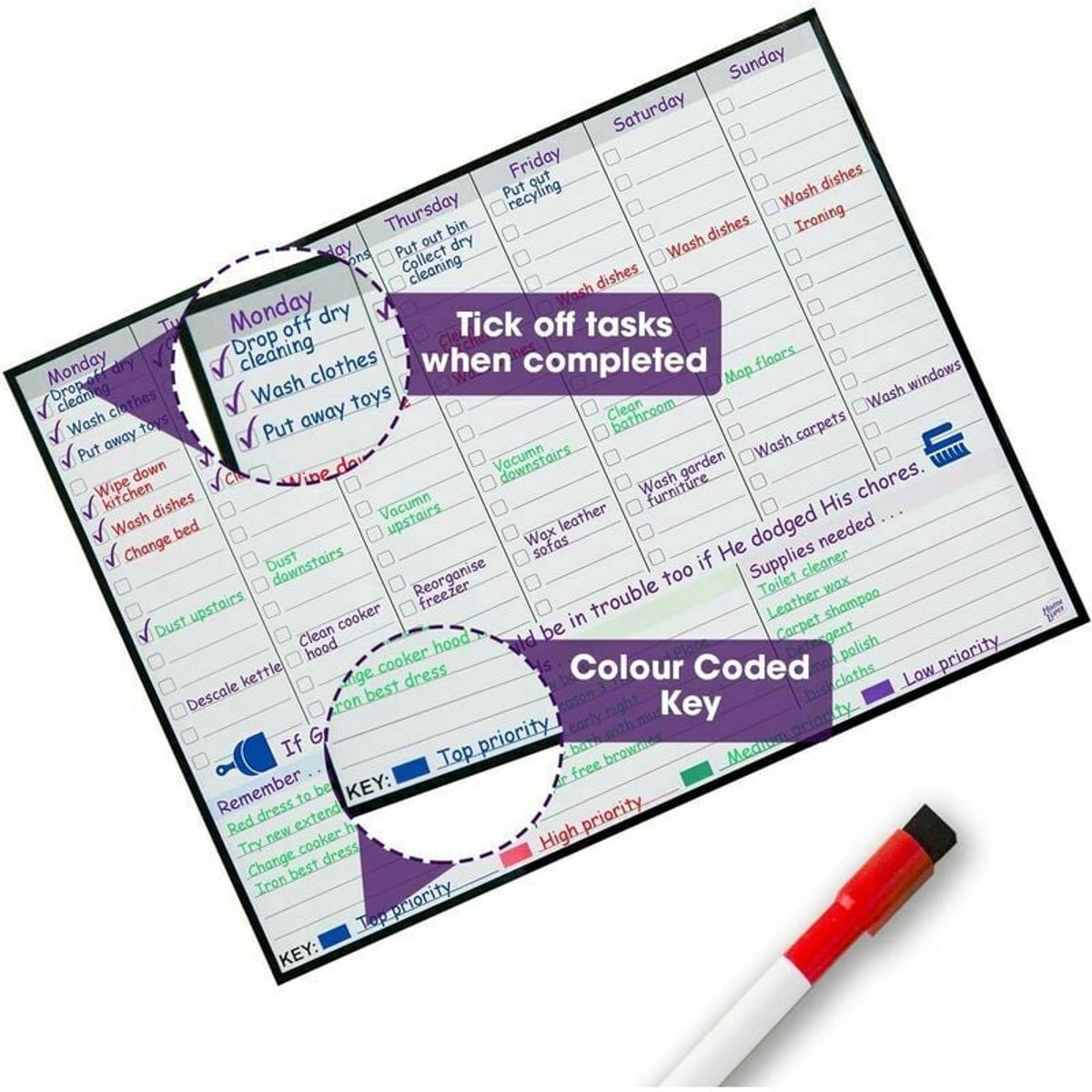 Magnetisch Whiteboard Planner - Droog Uitwisbare Weekplanner - Voor Koelkast Gezin Maaltijdplanning - Stressvermindering - Huishoudplanning - Wit - A3 Formaat - 43 x 33cm - 1 Set — cadeau in Kalenders & Planners - foto 2