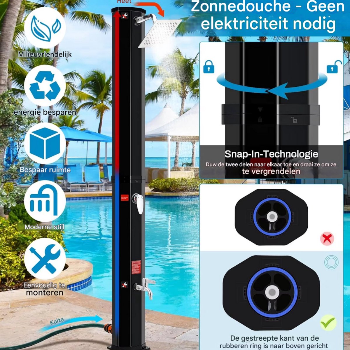 Vrijstaande Buiten Douche - Zwart & Zilver - Tuindouche - Sauna douche - 360° Zonne-energie Douchekop en Voetspoeluitloop - Temperatuurregeling tot 60°C - Met Deksel - 60L thumbnail 8
