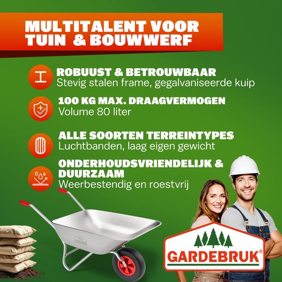 Zilveren kruiwagen met rode handvatten, 80 liter inhoud, 100 kg draagvermogen.