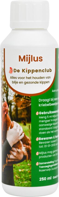 Fles met Mijlus product van De Kippenclub. Toont een kip in handen. Bevat 250 ml.