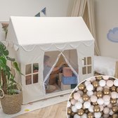 KiddyMoon Speelhuis Kindertent Met 400 Ballen Voor Kinderen Kinderhuis Opvouwbaar Ontwerp KiddyMoon Speeltent Indoor Creativiteit Kindertent Voor Binnen En Buiten Kinderkamer, Natuurlijke Kleur:Pastel Beige/Wit/Goud