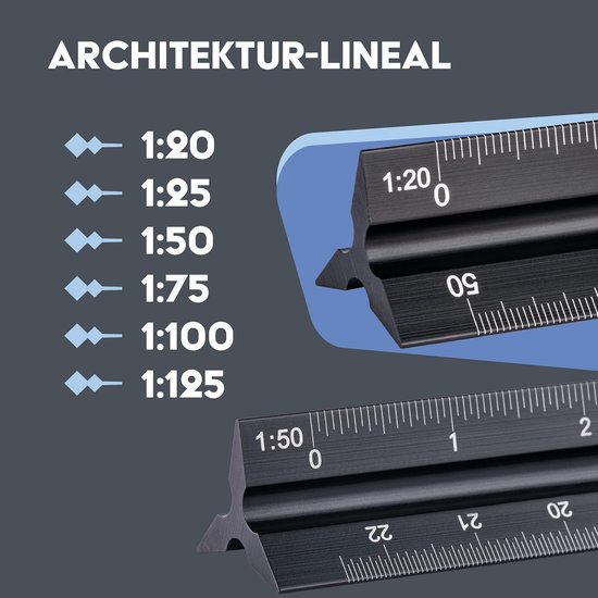 Schaal liniaal 30 cm - Kunststof driekantige schaal - Schaal Liniaal Driekant - Driehoekige liniaal 30 cm - Architect Ingenieur Schaal Liniaal 1:20 1:25 1:50 1:100 1:200 1:500