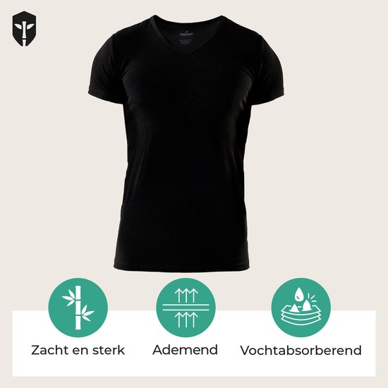 Zwart bamboe T-shirt met V-hals. Zacht, sterk, ademend en vochtabsorberend.