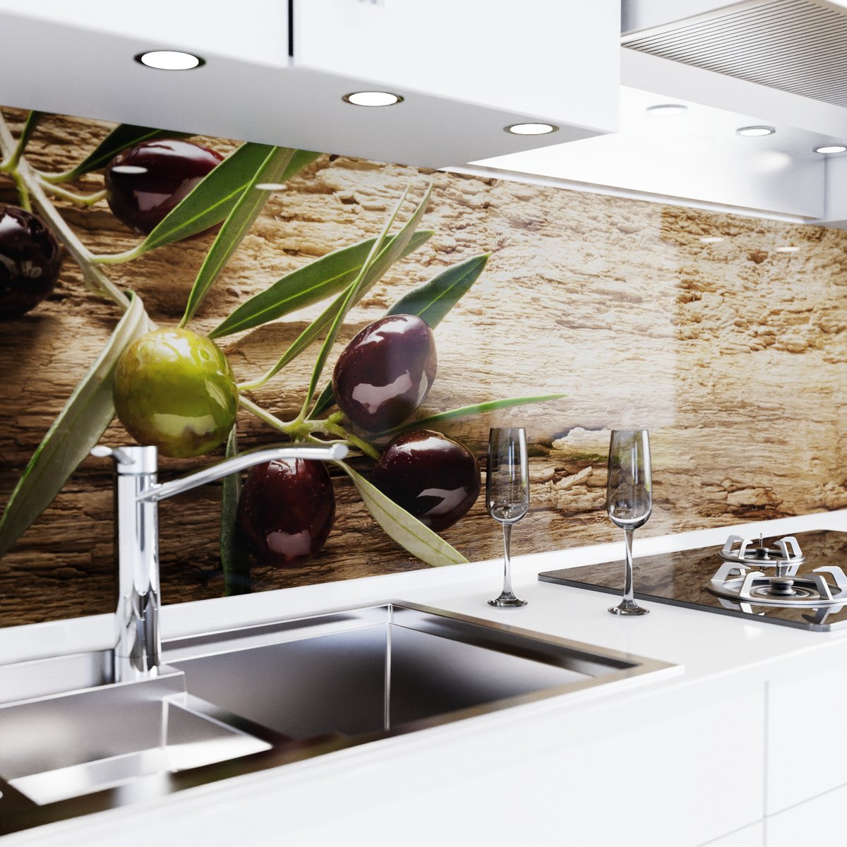 Keuken achterwand zelfklevend – Glaslook – Spatscherm keuken – Verstevigde PET folie – Spatwand fornuis – Muurbeschermer – 0,80 mm - Olijven - 280 cm x 60 cm