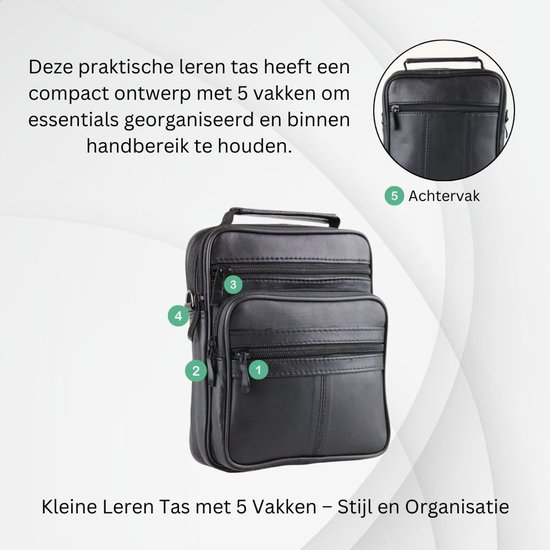 Zwarte leren tas, compact met 5 vakken voor organisatie. Afmetingen: 16cm x 20cm x 6cm.