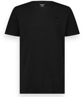 Zwarte T-shirt met korte mouwen, ronde hals en geborduurd logo op de borst.