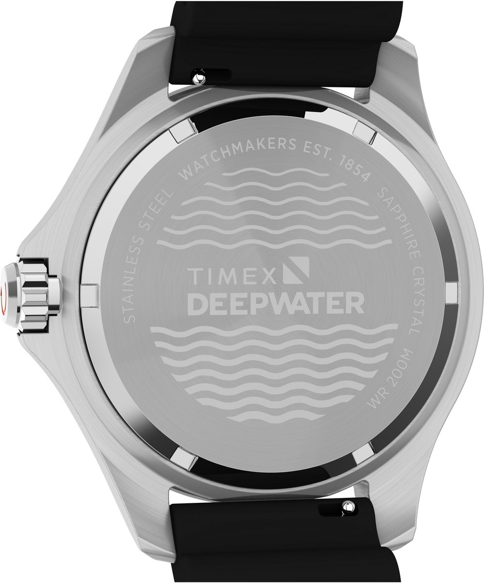 Timex Deep Water Meridian 200 Quartz Analoog Horloge Zwart Kast: 100% Roestvrij Staal | Armband: 100%Synthetisch Rubber 44 TW2W81500AJ, TW2W81600AJ, TW2W81700AJ