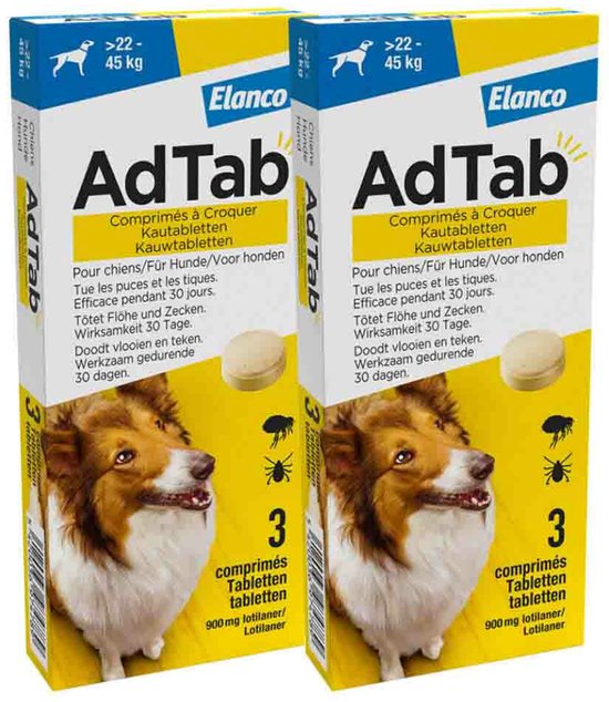 Twee verpakkingen AdTab kauwtabletten voor honden van 45 kg, met afbeelding van hond en vlooien/teken