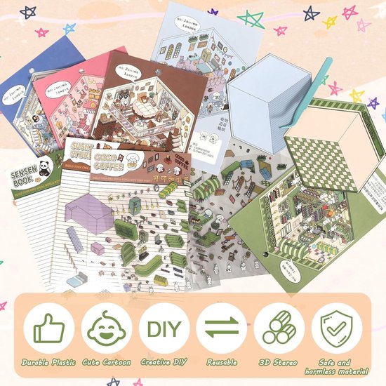 HTTDSLF 3D-stickers, scènestickers voor volwassenen en kinderen, doe-het-zelf huisstickers, 3D-stickers, miniatuur huis voor scrapbook en dagboek, met 2 pincetten (1, paars