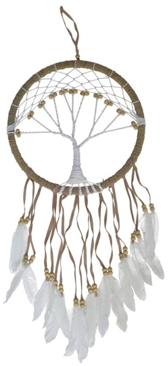 Gerimport Dromenvanger/dreamcatcher - mobiel - bruin - veertjes/kraaltjes - 28 cm