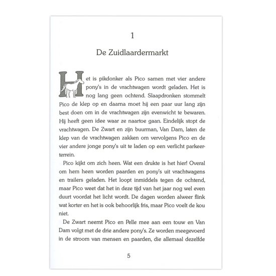 Een pagina uit een boek met een illustratie van een paardje en tekst.