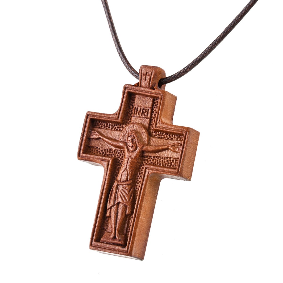 Decopatent - Ketting met Houten Hanger Kruisje Benedictus - Hout - Kruis van Heilige Sint-Benedictus - Kruishanger Jezus - Kruis Hanger Koord Halsketting - Gothic cross - Afm kruis: 3x5 Cm - Kleur: Hout