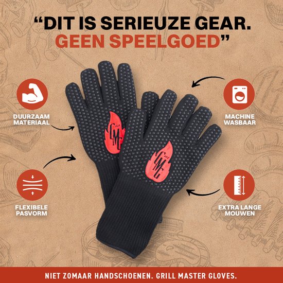Grill Master Gloves BBQ Handschoenen Hittebestendig tot 800°C - Ovenhandschoenen - Ovenwanten - Barbecue Handschoenen - Papa Cadeau Voor Mannen - Vaderdag – Aramid - 2 stuks