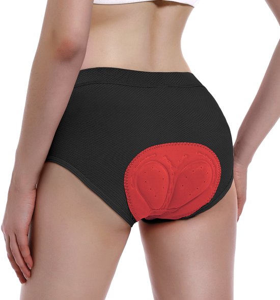 Achterkant van een zwarte fietsbroek met een opvallend rood gelkussen.