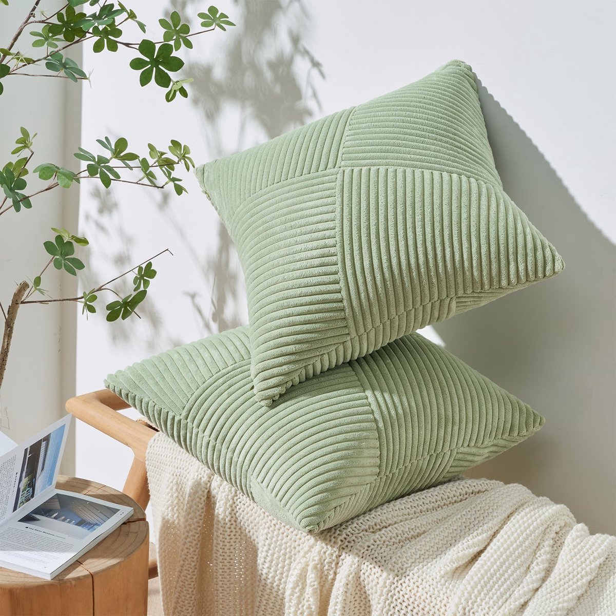 Unyqoos ® Kussenslopen Set van 2 - Zachte Corduroy Fluweel met Windmolenpatroon voor Woonkamer en Slaapkamer Groen