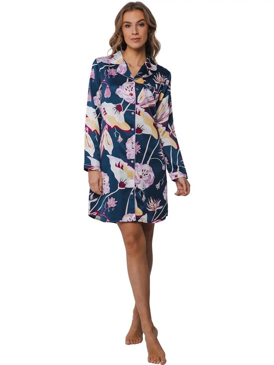 Vlazom Nachthemd voor dames, omslagkraag met knopen, korte mouwen, nachthemd met borstzak, roze, XL