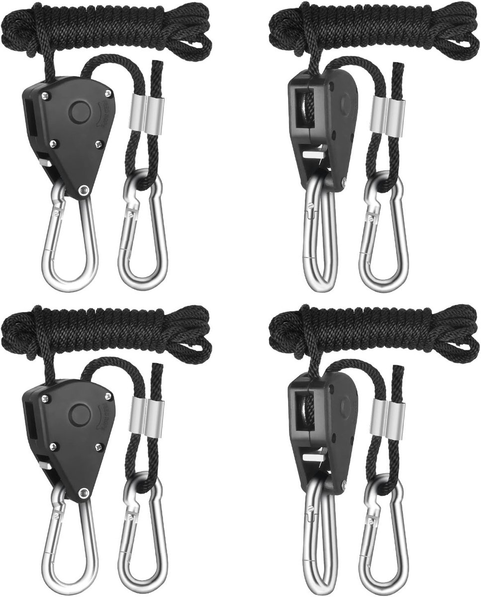 4 stuks - 1/8 Lift Lanyard - LED-verlichting Lanyard - Zwart - 2m touwlengte - Verstelbare touwhaak - Draagvermogen van 150 lbs - Plantenkweeklamp touw - Tentlamp touw - Verlichting Lanyard