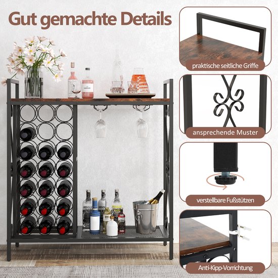 COSTWAY Wijnrek met glazenhouder & planken, 3 niveaus flessenrek met stopcontacten, voor 15 wijnflessen, industriële & vrijstaande wijnkast voor thuis, keuken, bar, 113 x 35 x 85 cm (Grijs