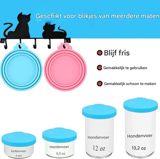 Twee blikdeksels, blauw en roze, met katten silhouetten. Daarnaast vier containers voor honden- en kattenvoer.