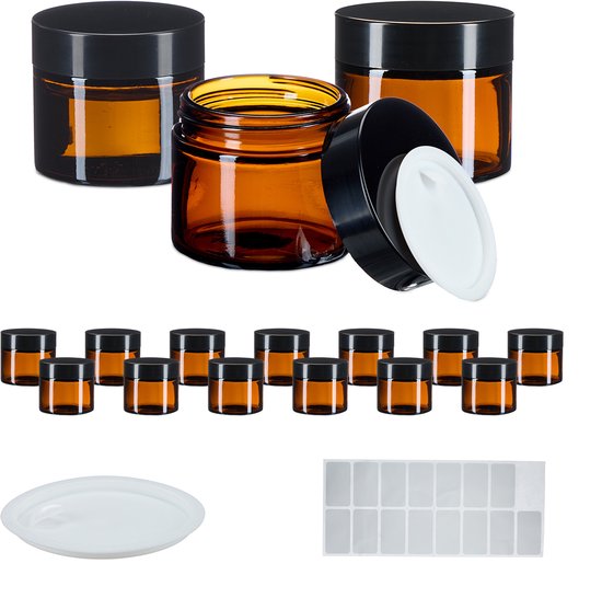 Creme potjes met deksel - set van 16 - 60 ml - etiketten - leeg - bruin glas