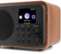 Close-up van DAB radio met houten behuizing. Het display toont 'Sleep Timer'.