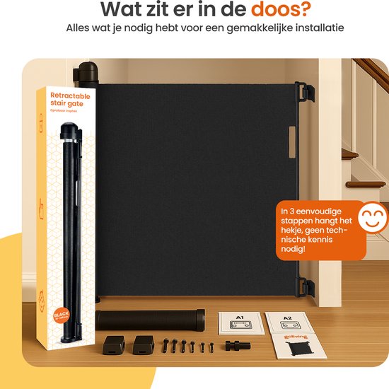 Zwart oprolbaar traphekje, inclusief montagedetails en instructies.