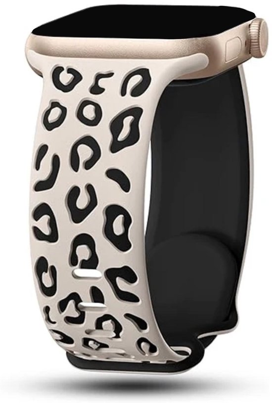 Lichtbeige bandje met zwarte panterprint, dubbellaags siliconen voor Apple Watch.