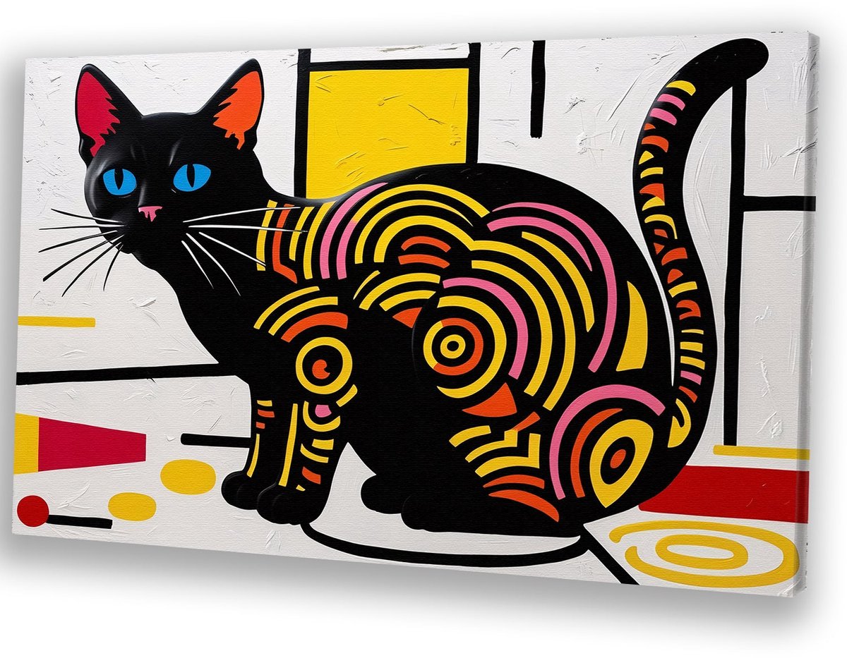 Zwarte kat in moderne kunst - Kat wanddecoratie - Canvas schilderij dier - Pop Art - Decoratieve kunst - Muurdecoratie - canvas 60x40 cm