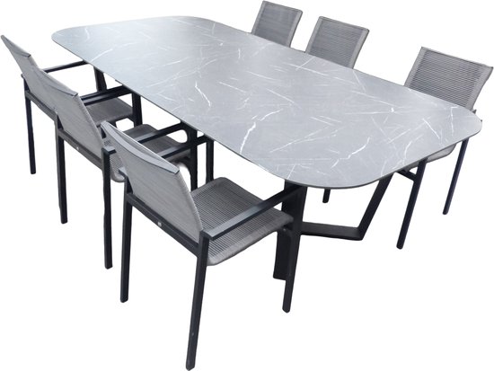 Yoi - Set van Teeburu tafel 240x120x76 cm oval slate en 6 Ishi stoe...